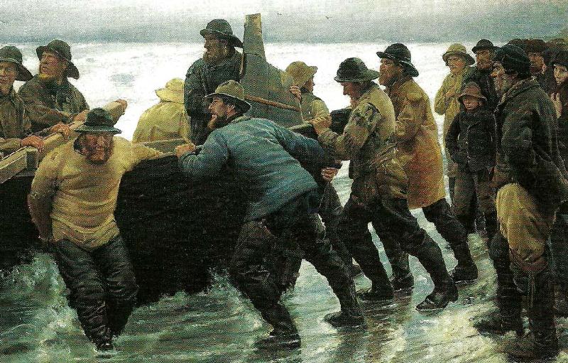 fiskere i faerd med at saette en rorsbad i vandet, Michael Ancher
